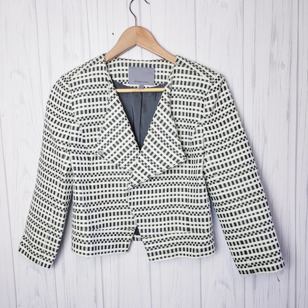 Clasique Entier Size XS Asymmetrical Crop Tweed Jacket 3/4 Sleeves Geo Print‎